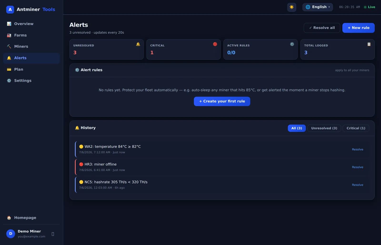 AntminerTools alerts and automation page