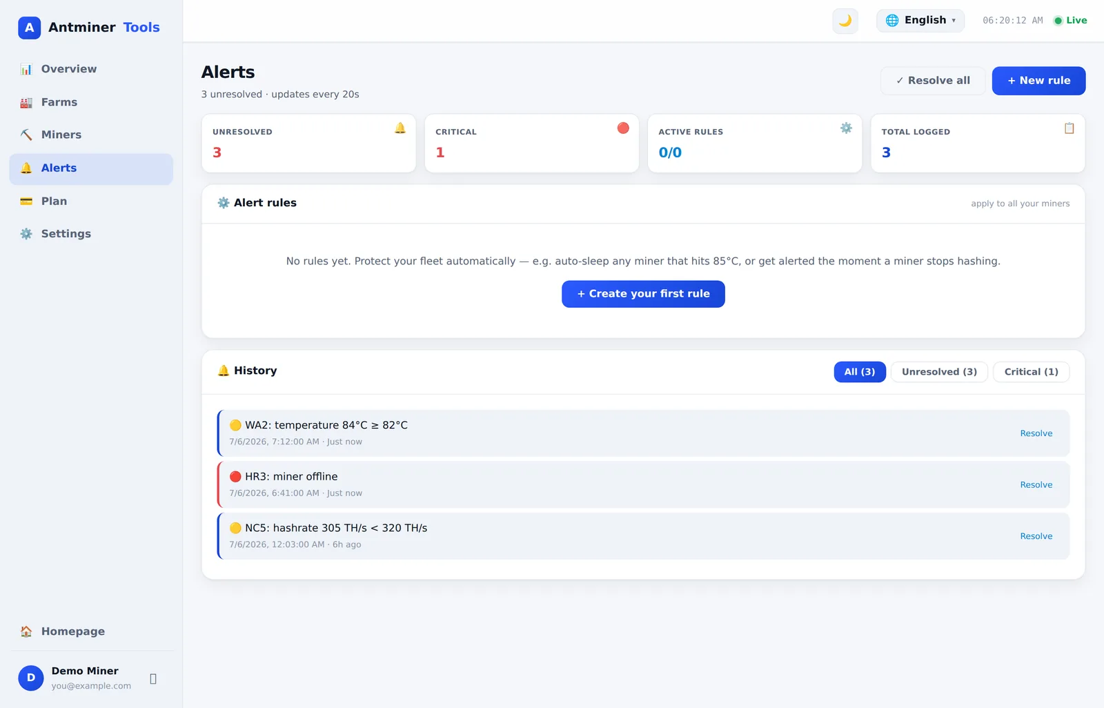 AntminerTools alerts and automation page