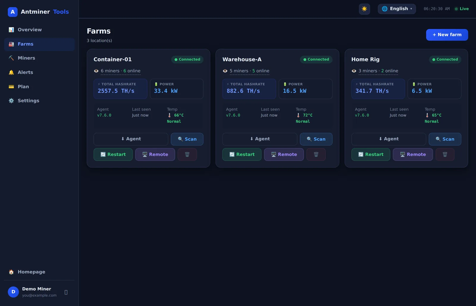 AntminerTools farms page with connected agents