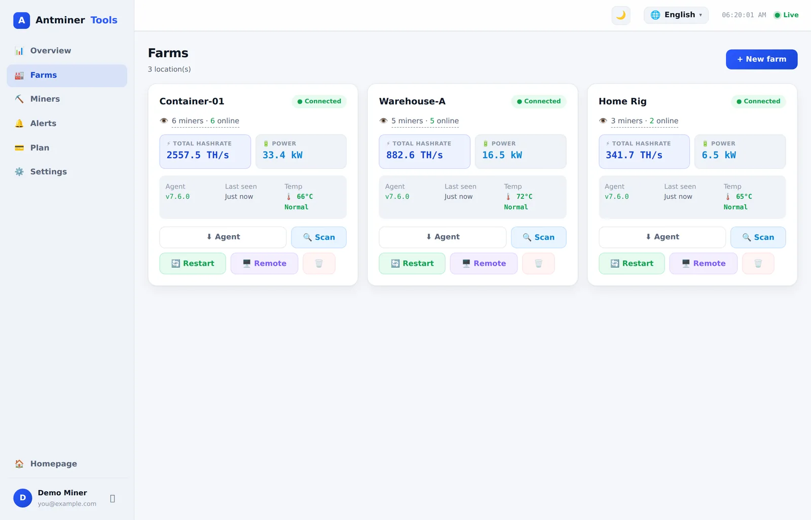AntminerTools farms page with connected agents